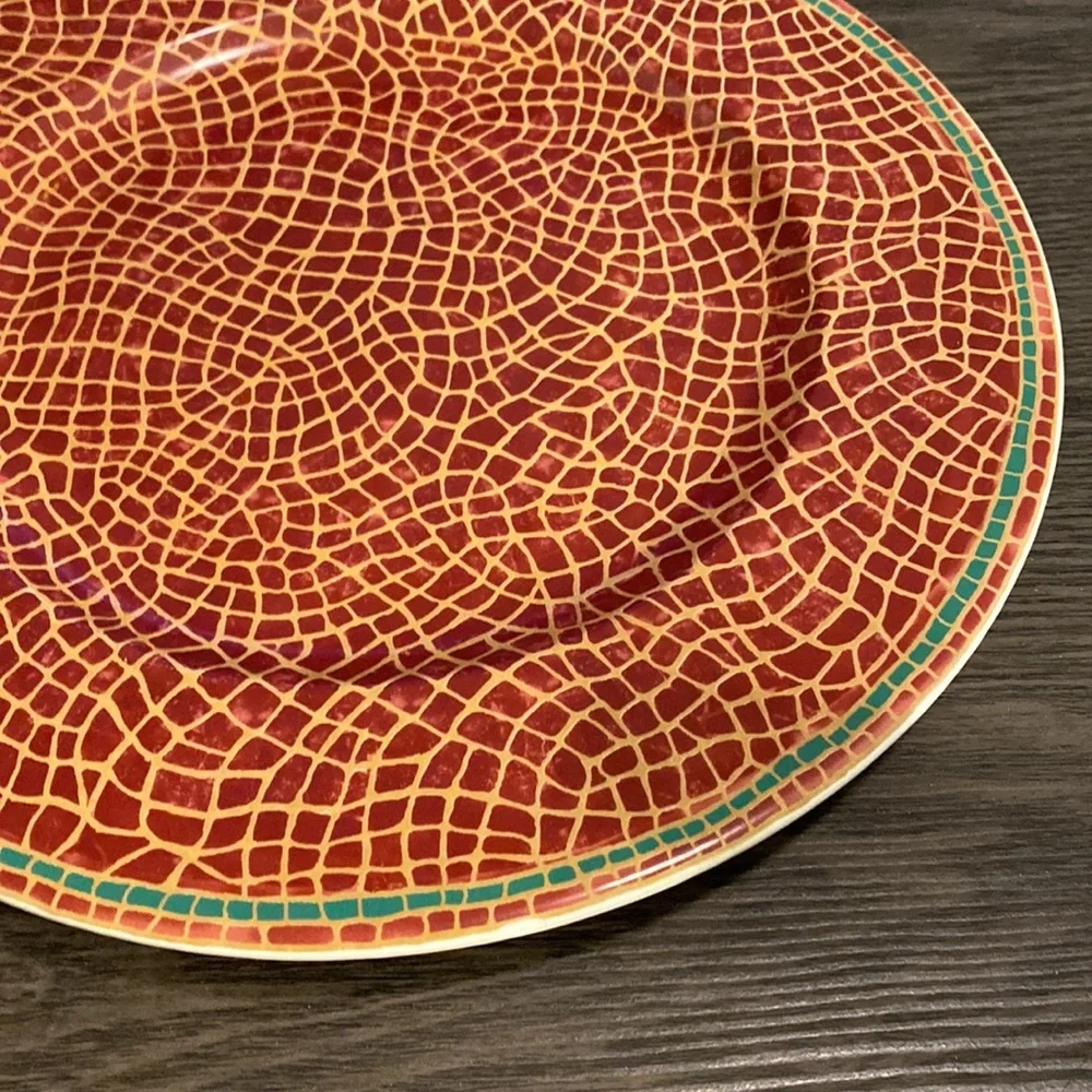 Pier 1 Mosaic Fruit large plate. Red with gold, green trim. 12.25” diameter.